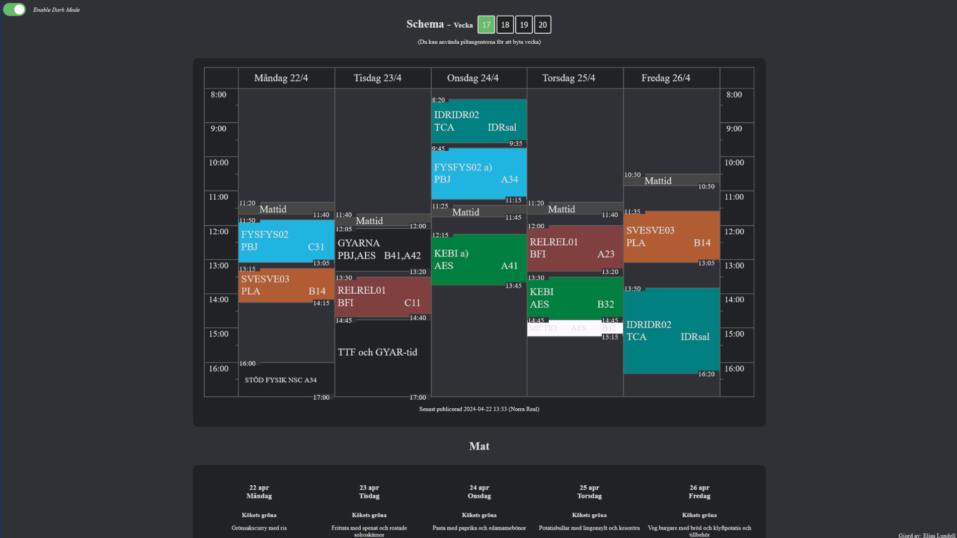 A schedule in darkmode